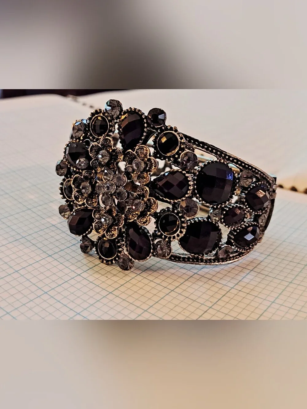 Vintage-Inspired Black Crystal Statement Hinged Bangle Bracelet